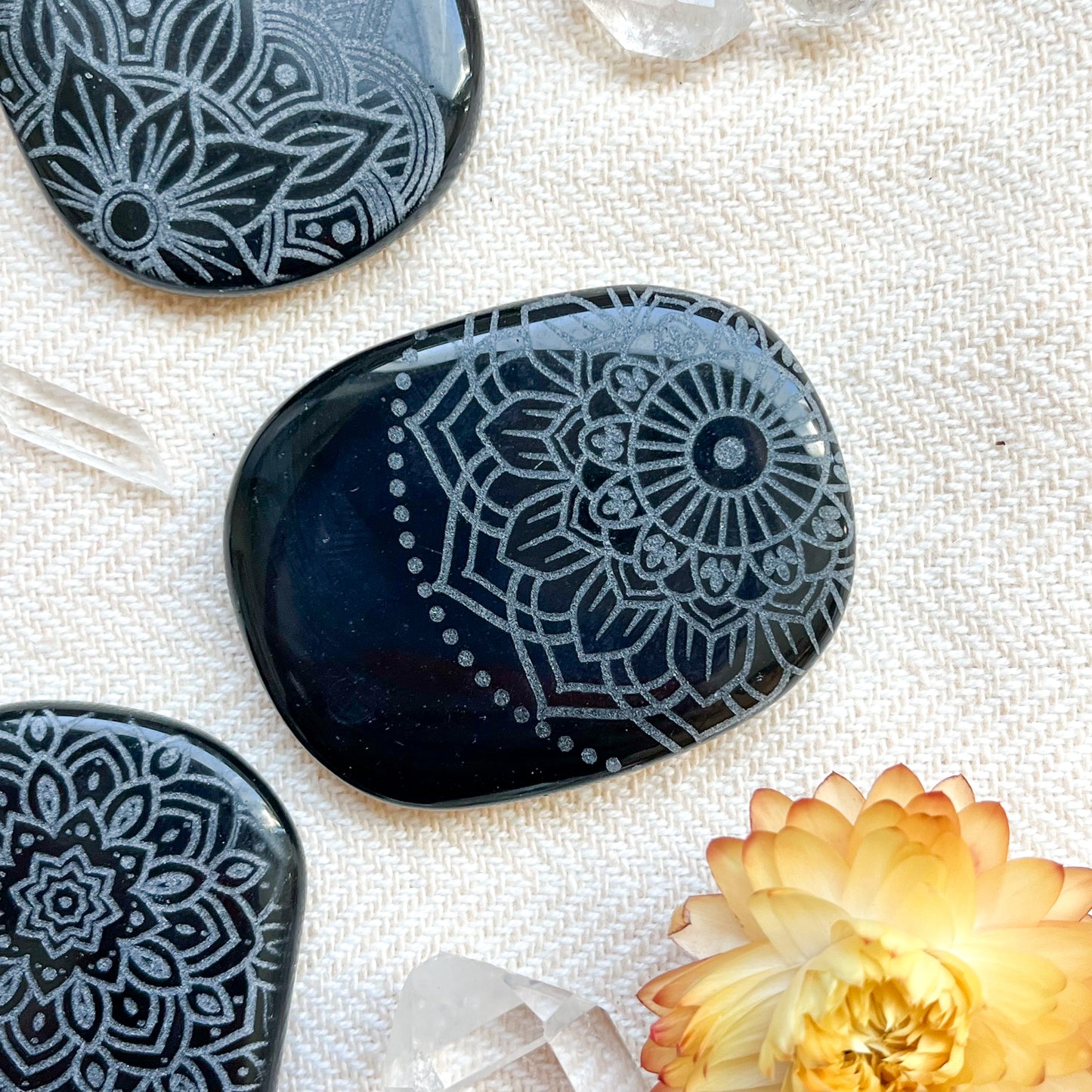 Obsidian Pocket Stone Etched with Flower of Life or Various Mandalas