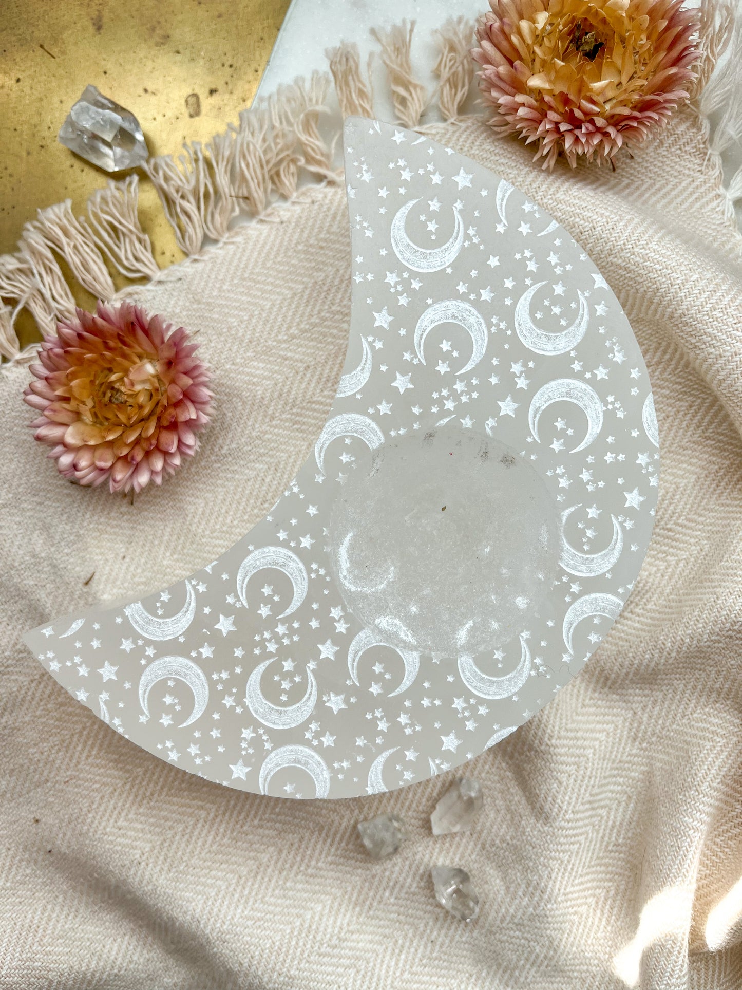 "Celestial Bodies" Crescent Moon-Shaped Selenite Tea Light Candle Holder Gift Mother's Day - Fractalista Designs