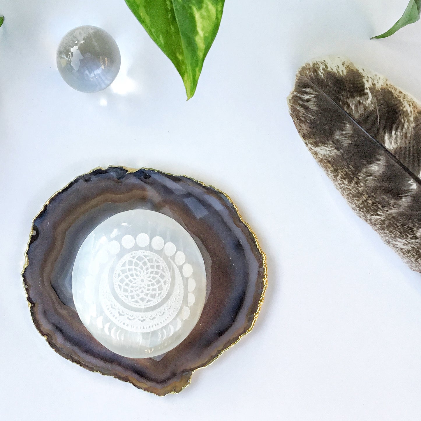 Etched Selenite Palmstone "Manifest Moon" - Fractalista Designs