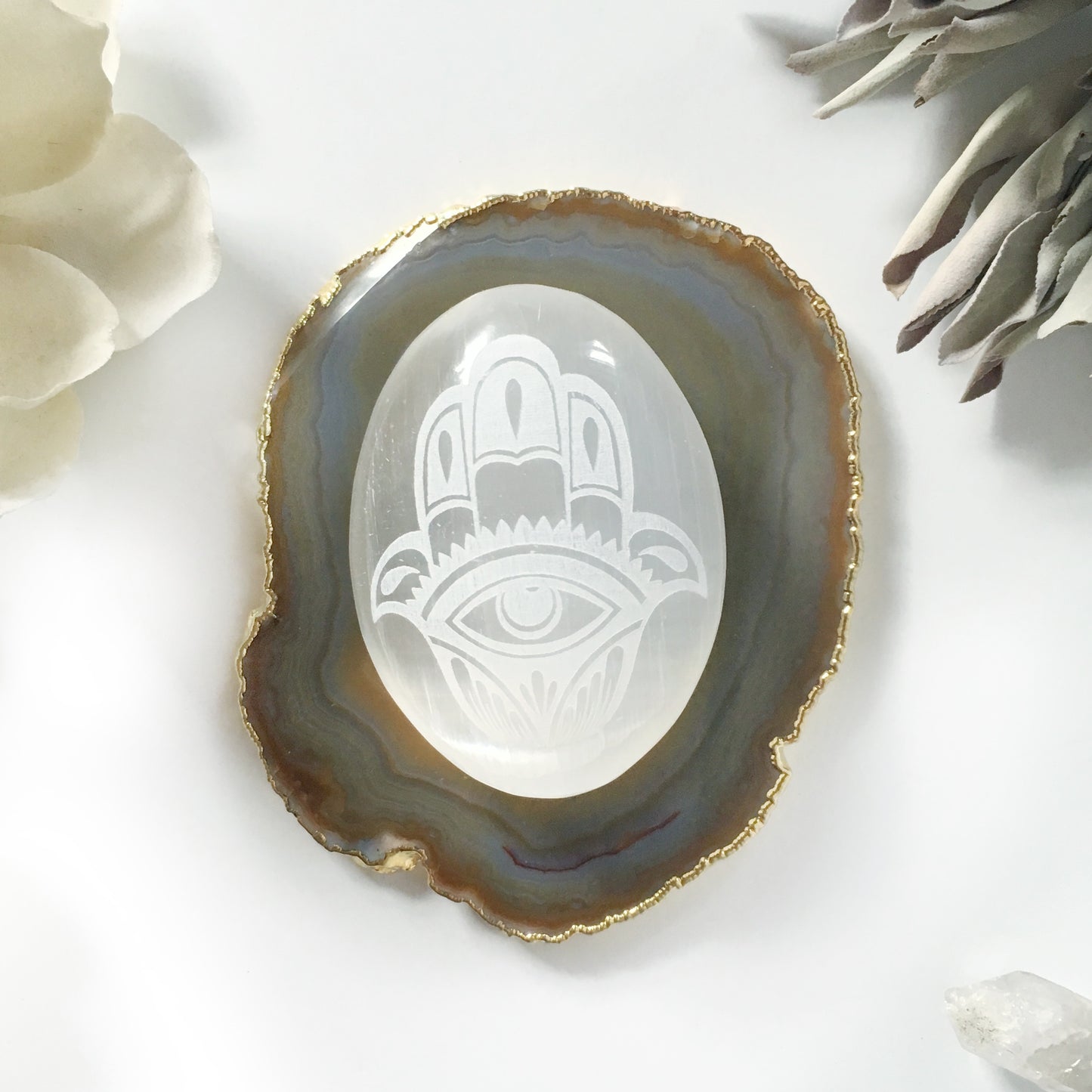 Etched Selenite Palmstone "Evil Eye Hamsa" *CLEARANCE* 2ND QUALITY OR DAMAGED - FINAL SALE - Fractalista Designs
