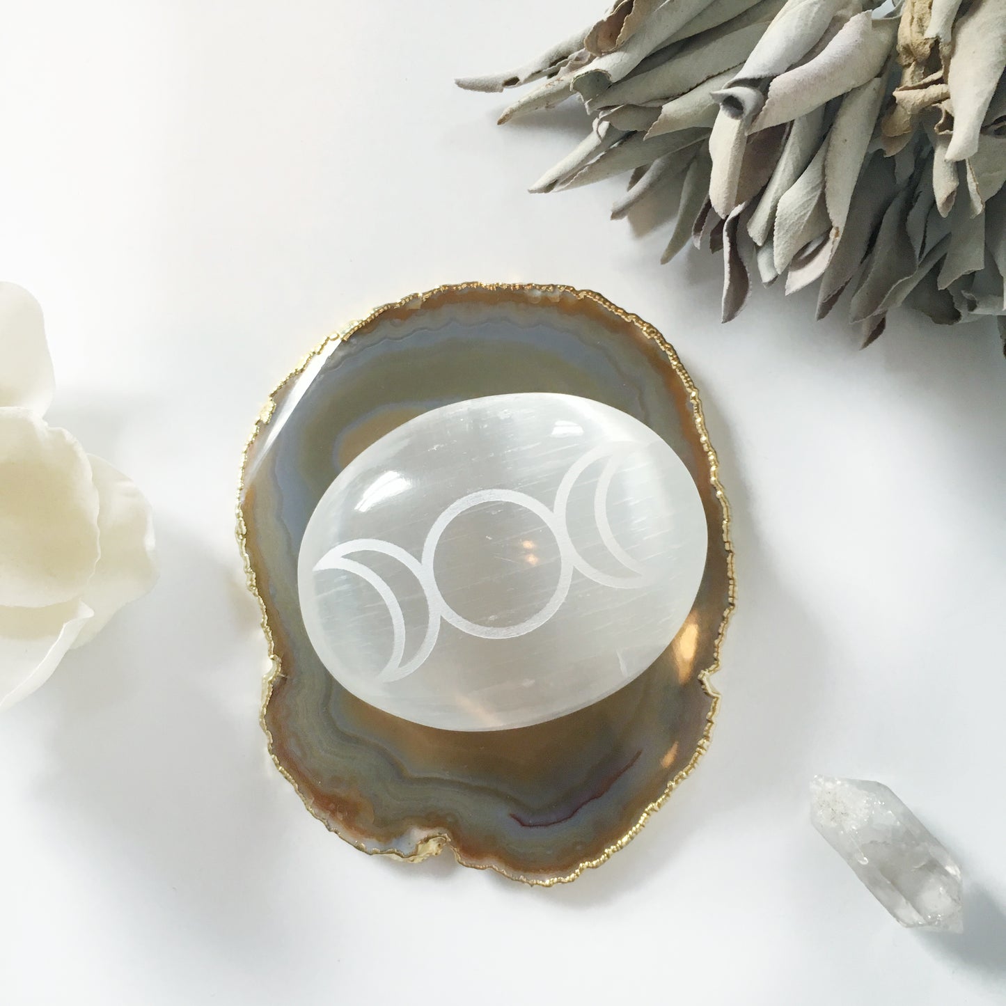 Etched Selenite Palmstone "Triple Goddess Moon" *CLEARANCE* 2ND QUALITY OR DAMAGED - FINAL SALE - Fractalista Designs