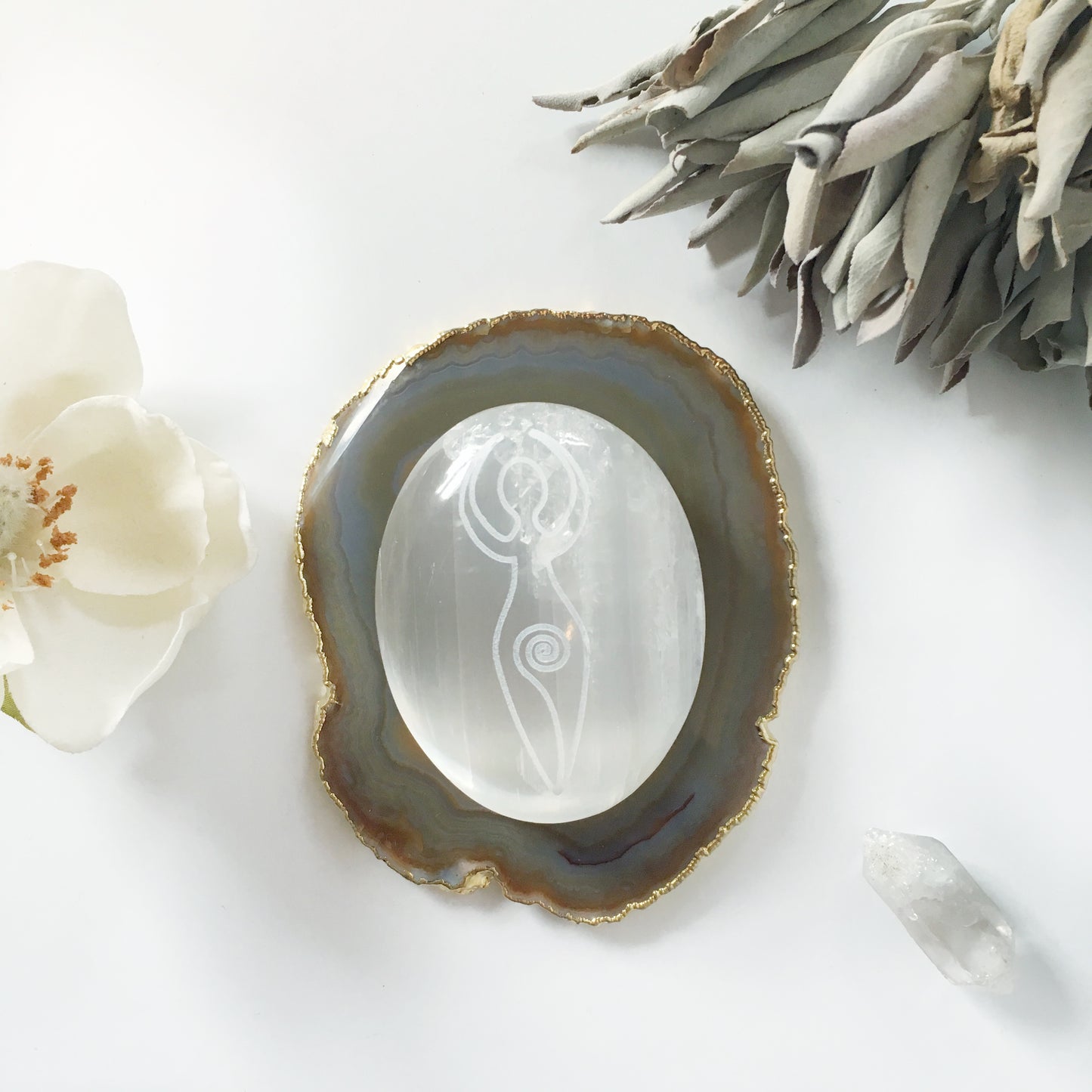 Etched Selenite Palmstone "Ancient Goddess" - Fractalista Designs