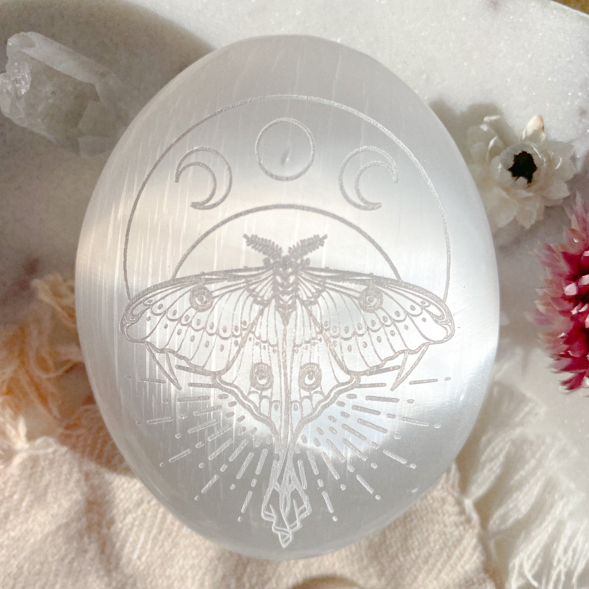 Etched Selenite Palmstone "Mystic Luna Moth" - Fractalista Designs