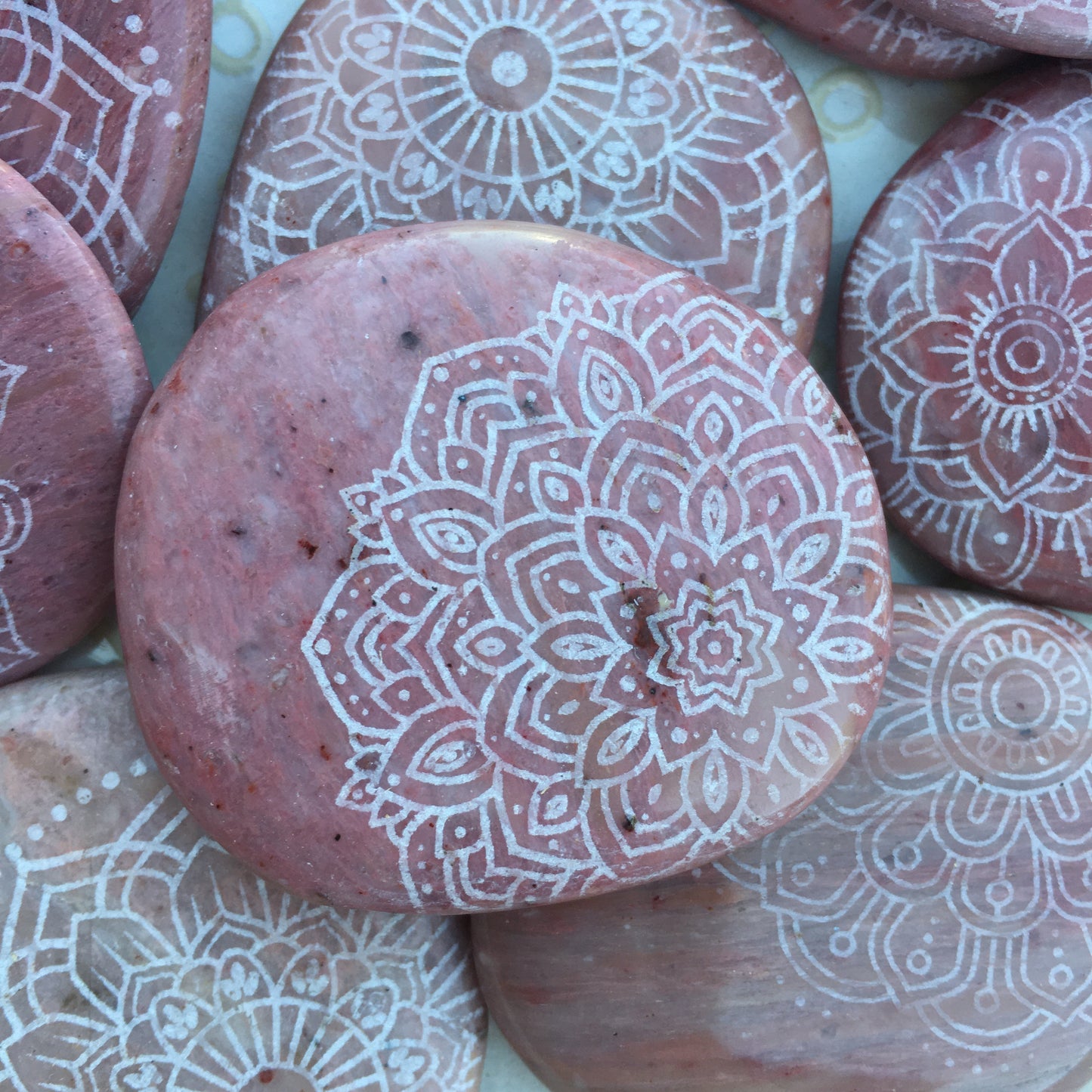 Rare Pink Petrified Wood Palmstone Etched with Mandala, Henna, Or Sacred Geometry