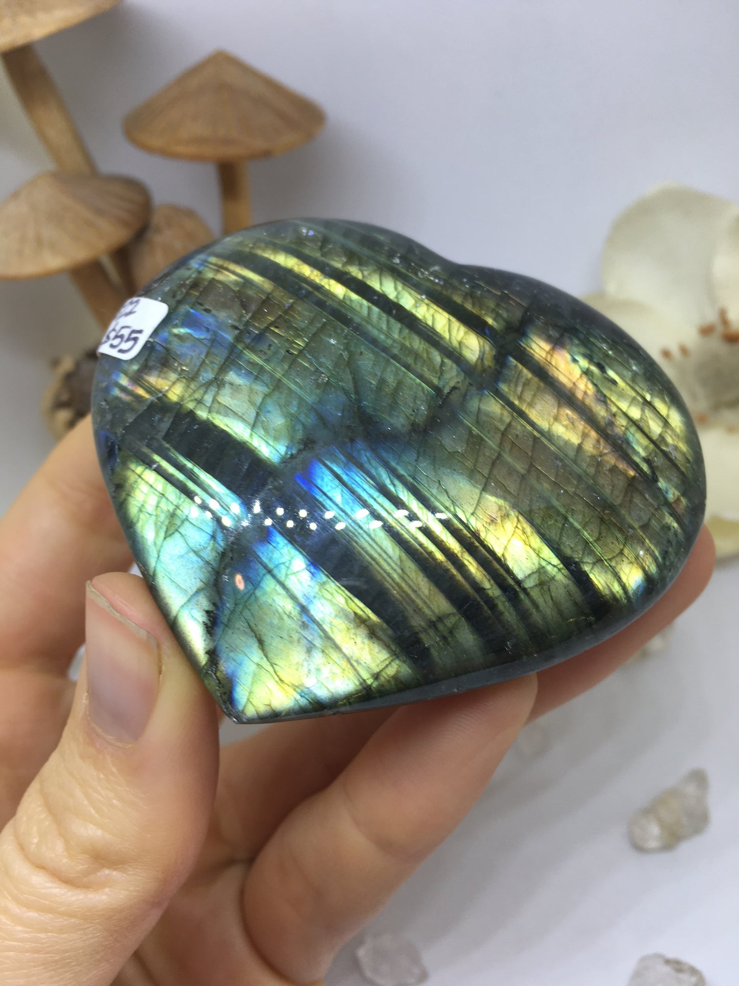 #22 Streaky Rainbow and Purple Flash Labradorite Heart Etched with Flower of Life - Fractalista Designs