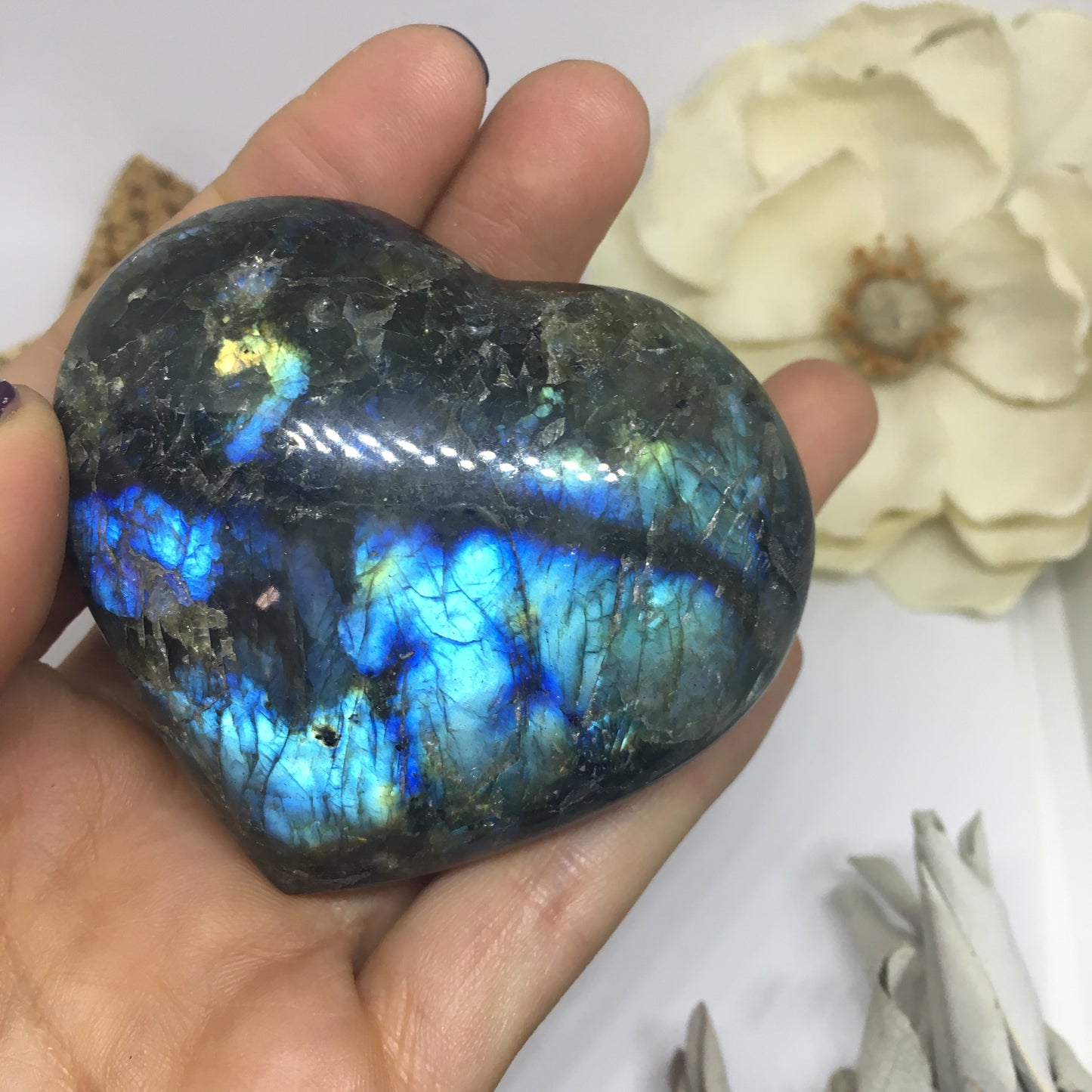 Flashy Blue and Gold Labradorite Heart Etched with Radiate Bliss Mandala 3 - Fractalista Designs