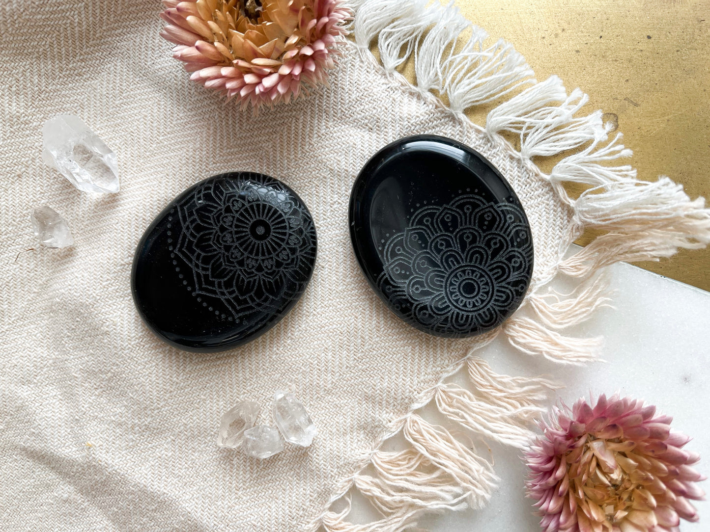Etched Obsidian Worry Stones - Various Mandalas - Fractalista Designs