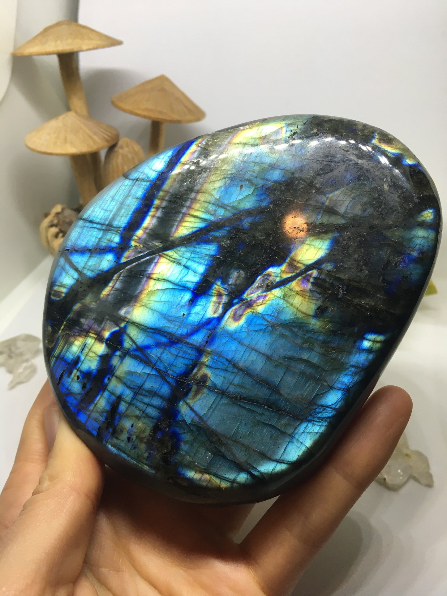 #132 Magnificent Deep Rainbow Electric Blue Gold and Purple Extra Large Labradorite Palmstone Etched with Flower Mandala - Fractalista Designs