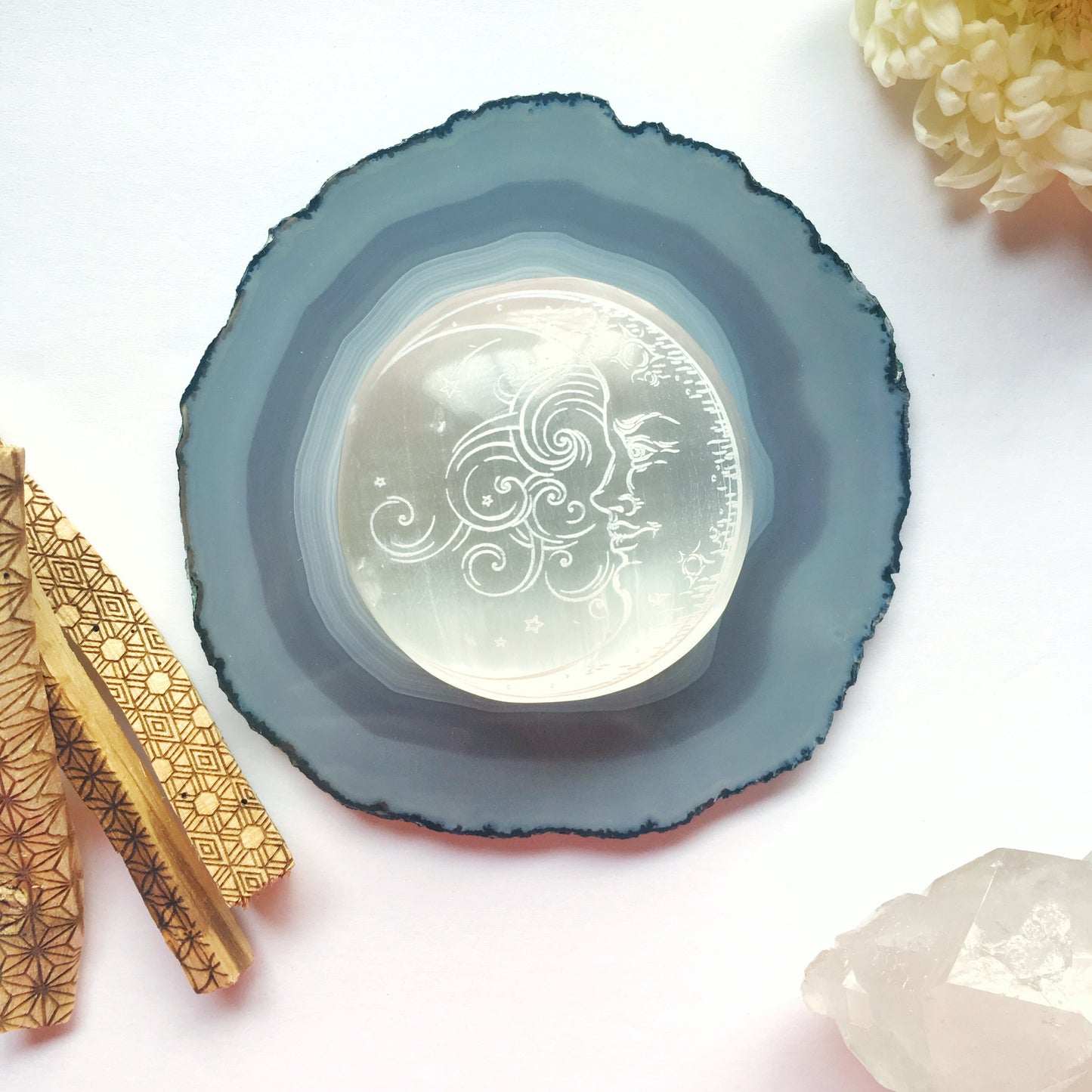 Round Selenite Palmstone “Moon Beams” - Fractalista Designs