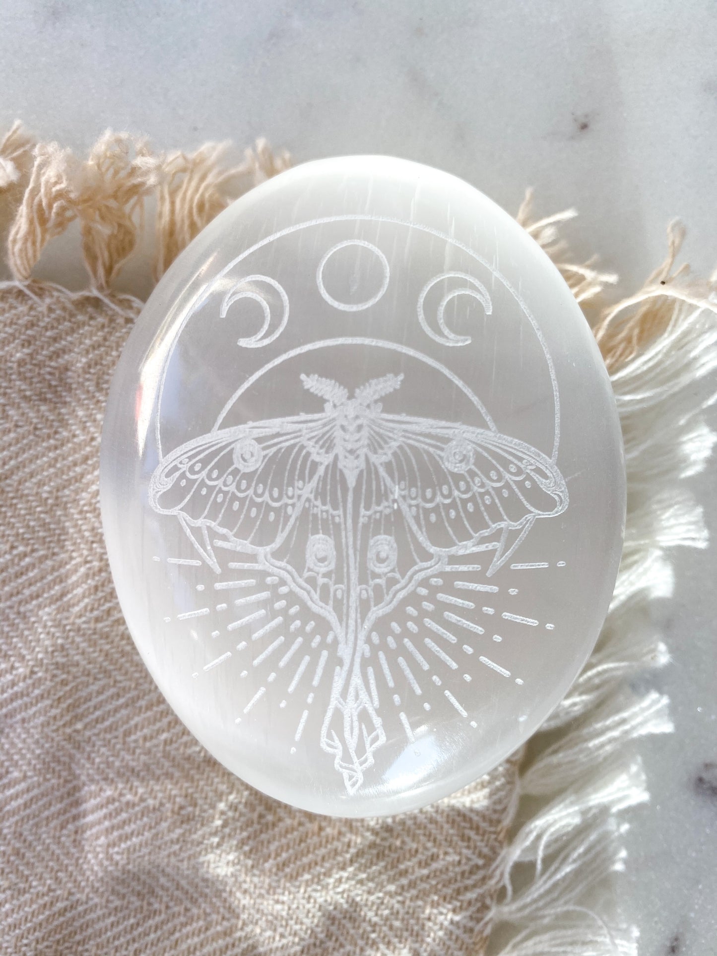 Etched Selenite Palmstone "Mystic Luna Moth" - Fractalista Designs