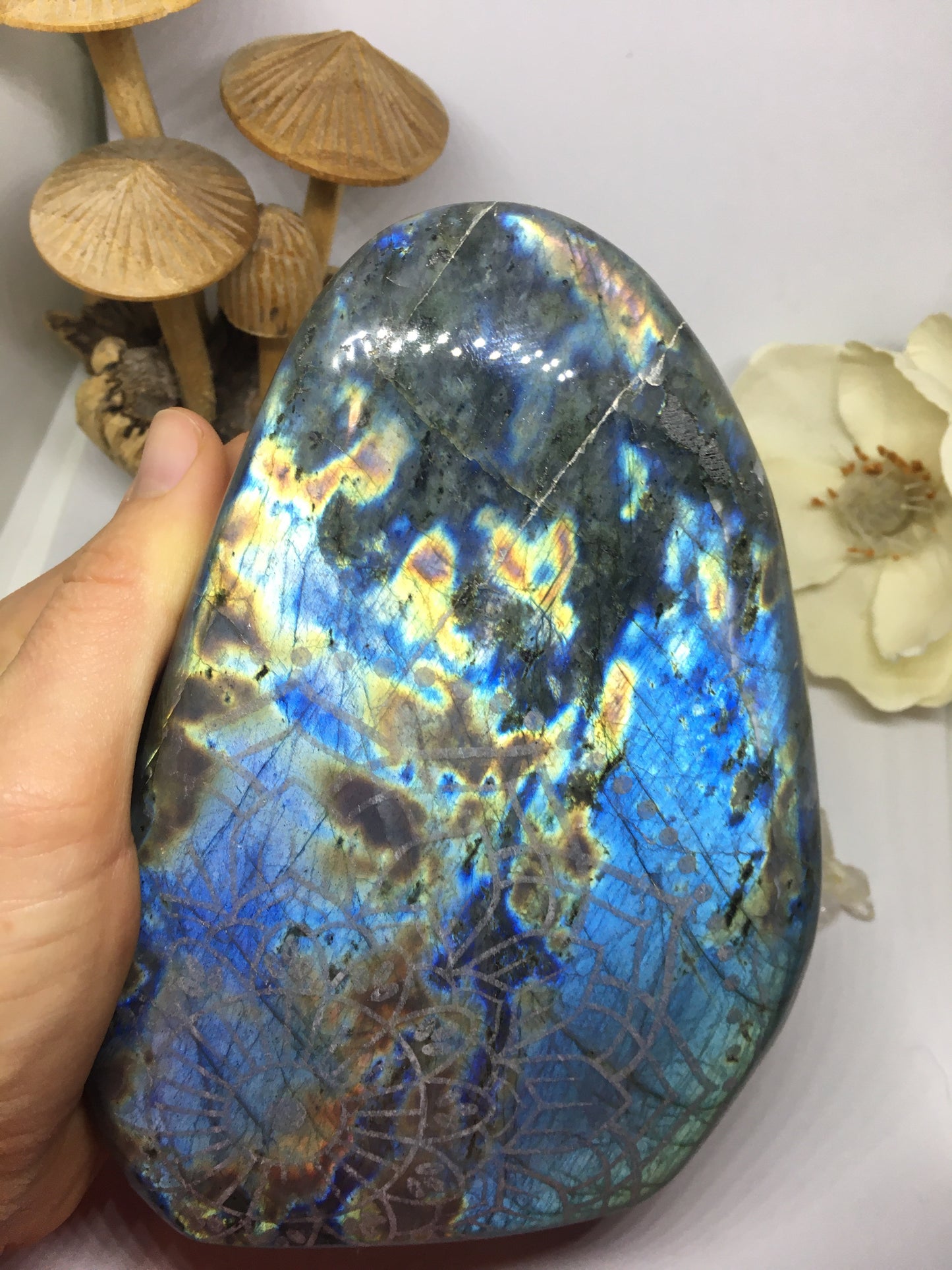 #140 Gorgeous Pink and Blue Extra Large Labradorite Standing Freeform Etched with Radiate Bliss Mandala - Fractalista Designs