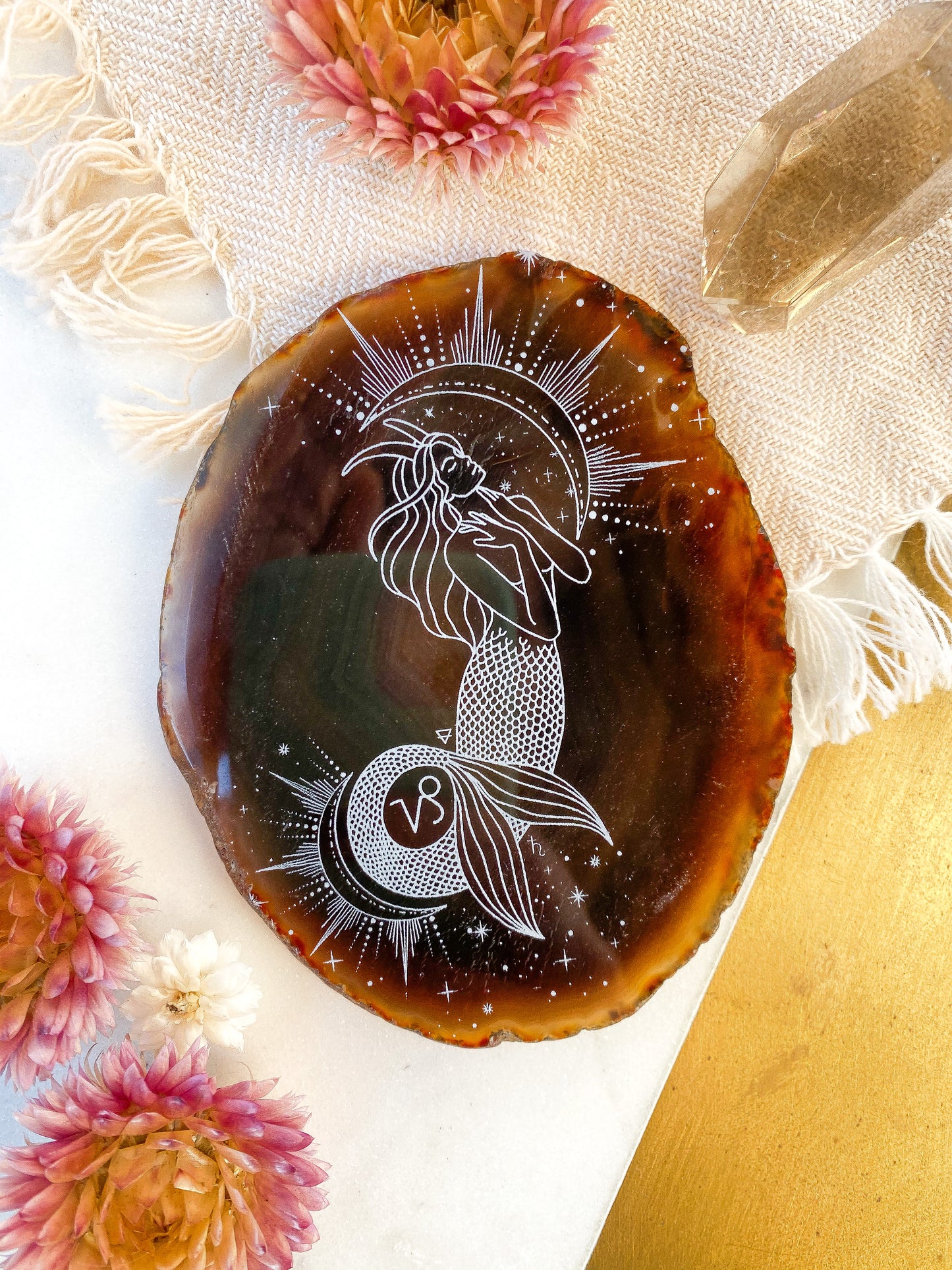 “Ambition” Capricorn Mermaid Sea Goat Zodiac Goddess Agate Slices - Oblong