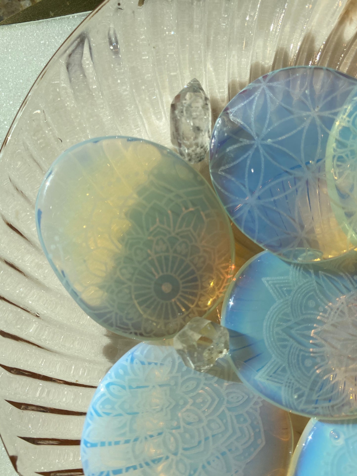 Opalite Palmstone Etched with Mandala