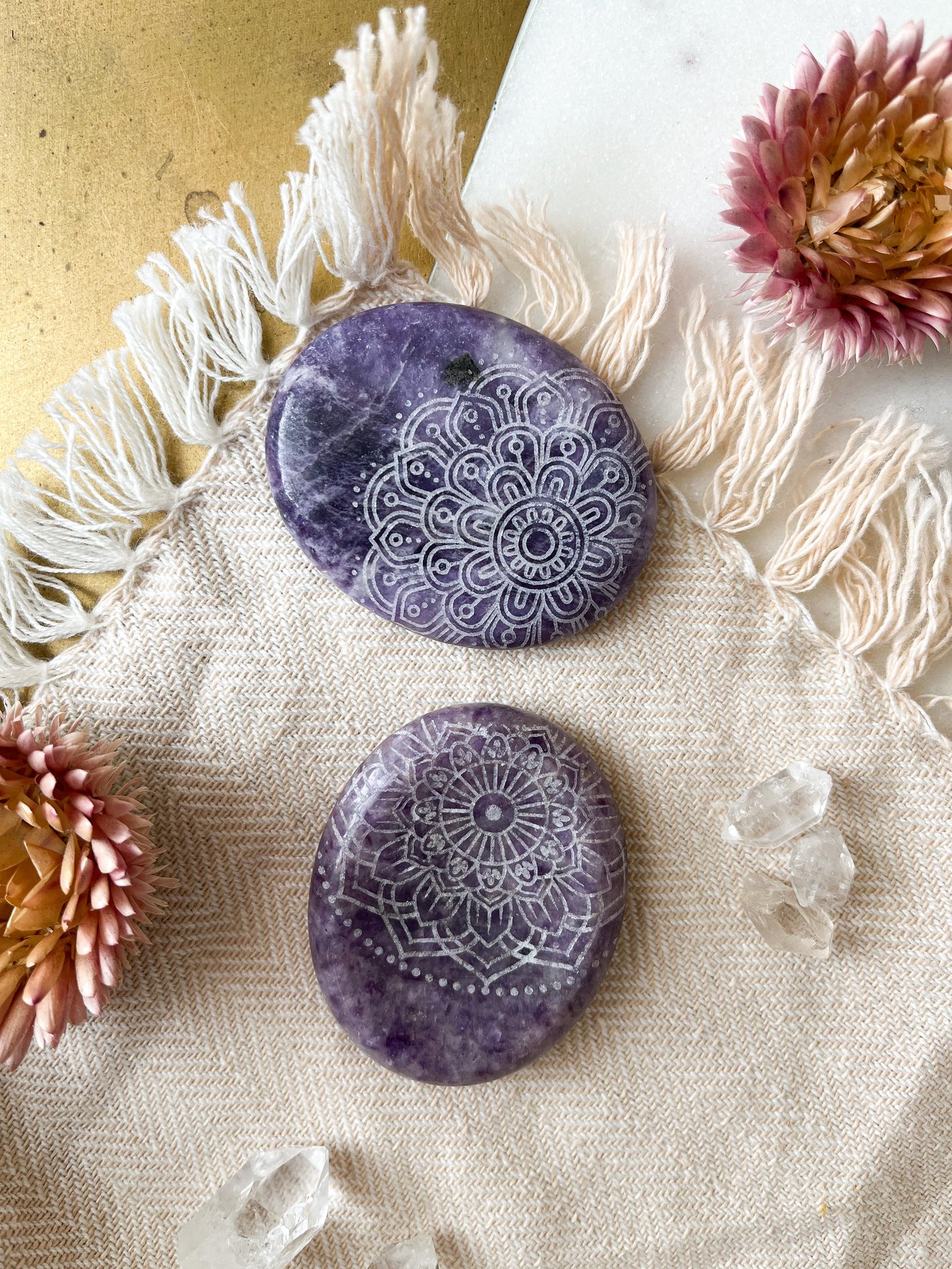 Etched Lepidolite Worry Stone - Various Mandalas - Fractalista Designs