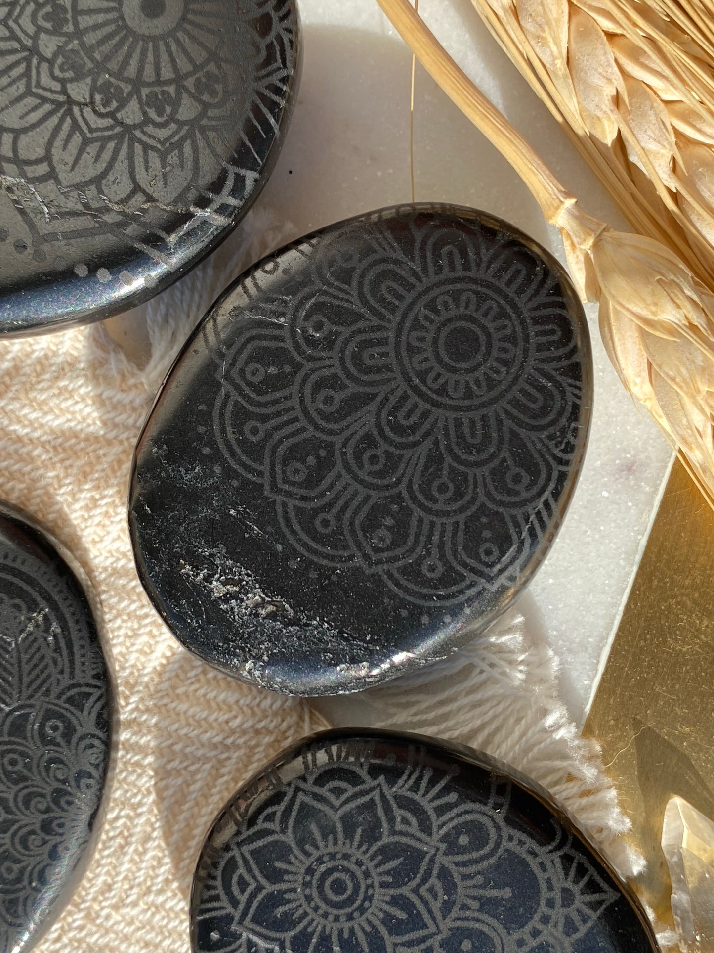 Shungite Pocket Stone Etched with Various Mandalas