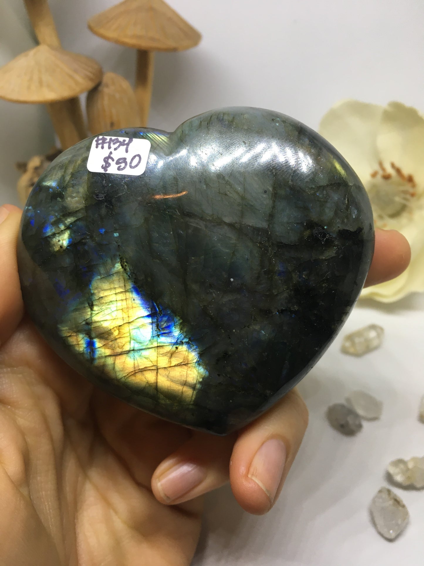 #134 Rainbow and Purple Flash Labradorite Heart Etched with Radiate Bliss Mandala - Fractalista Designs