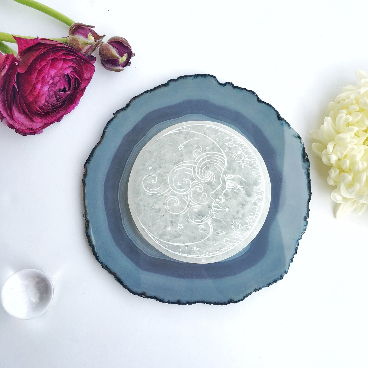 “Moon Beams” Round Selenite Charging Disc