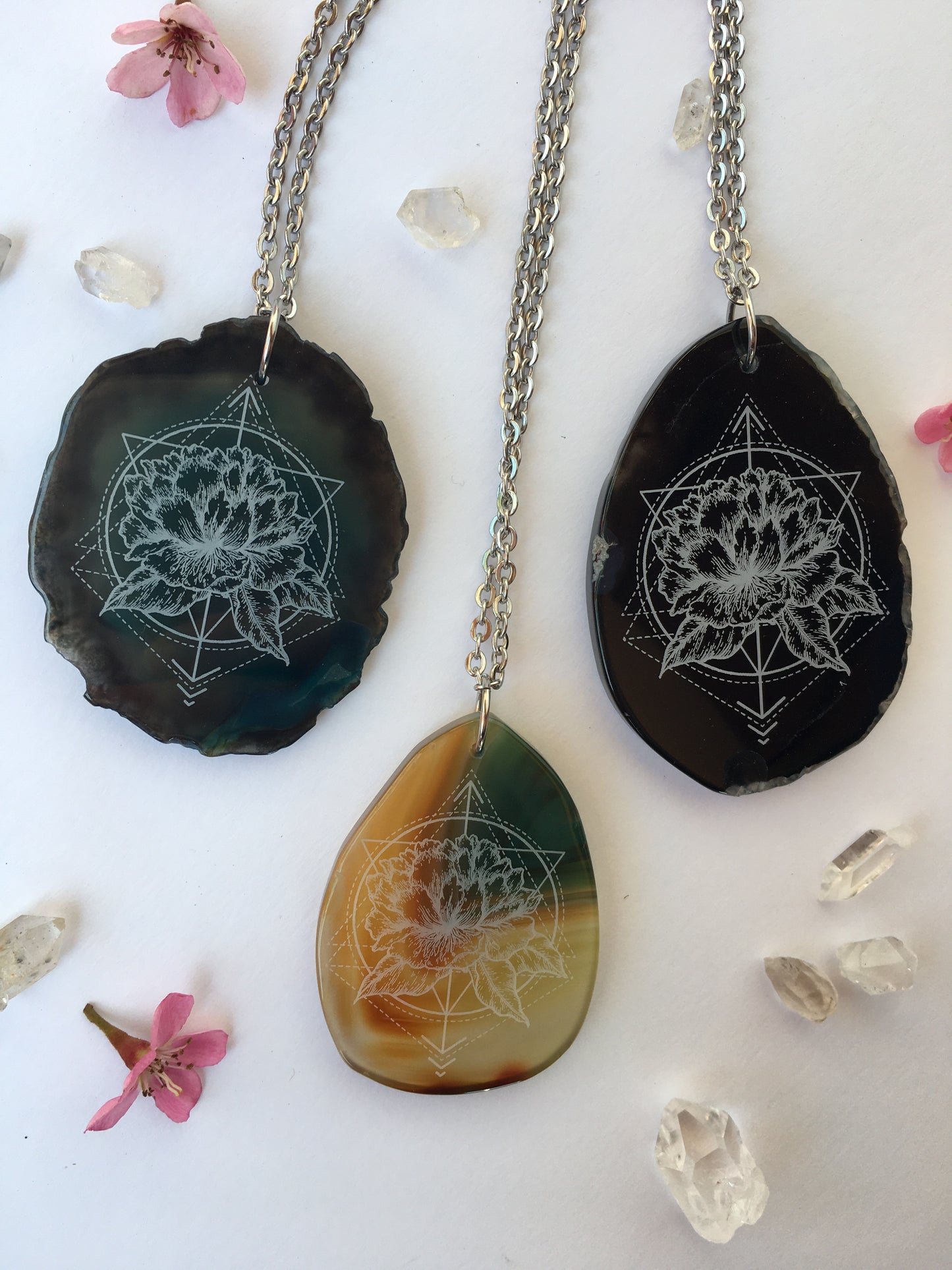 “Floral Dynamics” Peony Flower Agate Slice Pendant Necklace - Flower Essence Collection