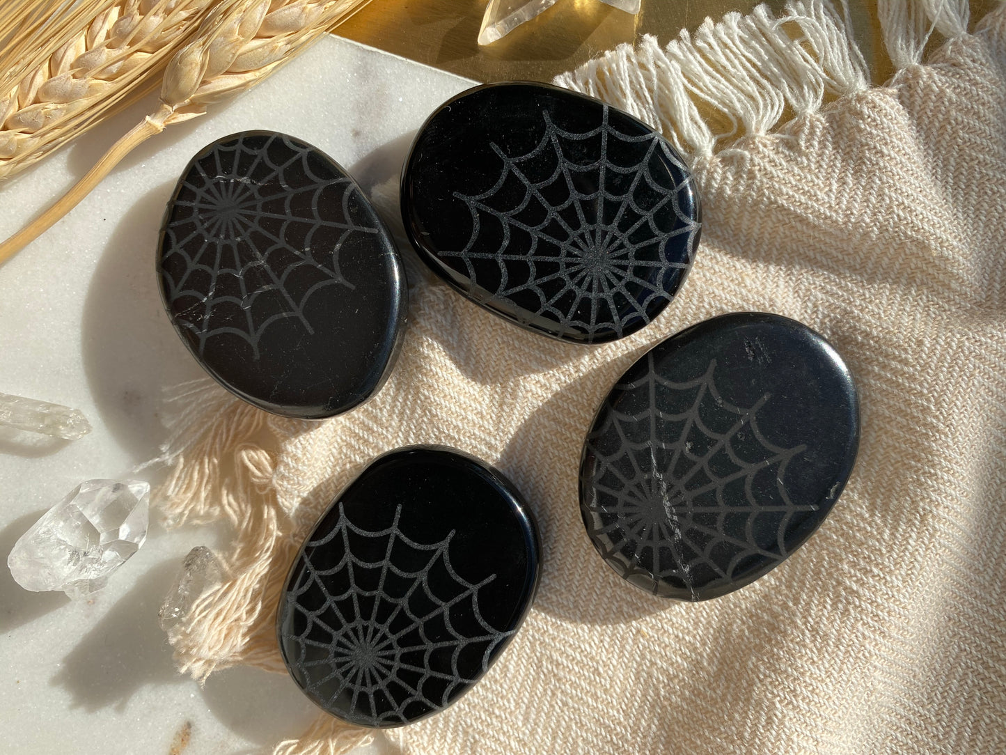 “Cobweb” Spider Web Mandala Engraved Obsidian Worry Stone