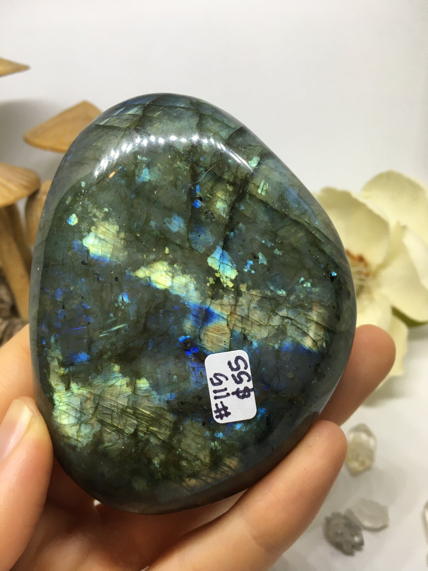 #115 Colorful Extra Large Labradorite Palmstone Etched with Flower Mandala - Fractalista Designs