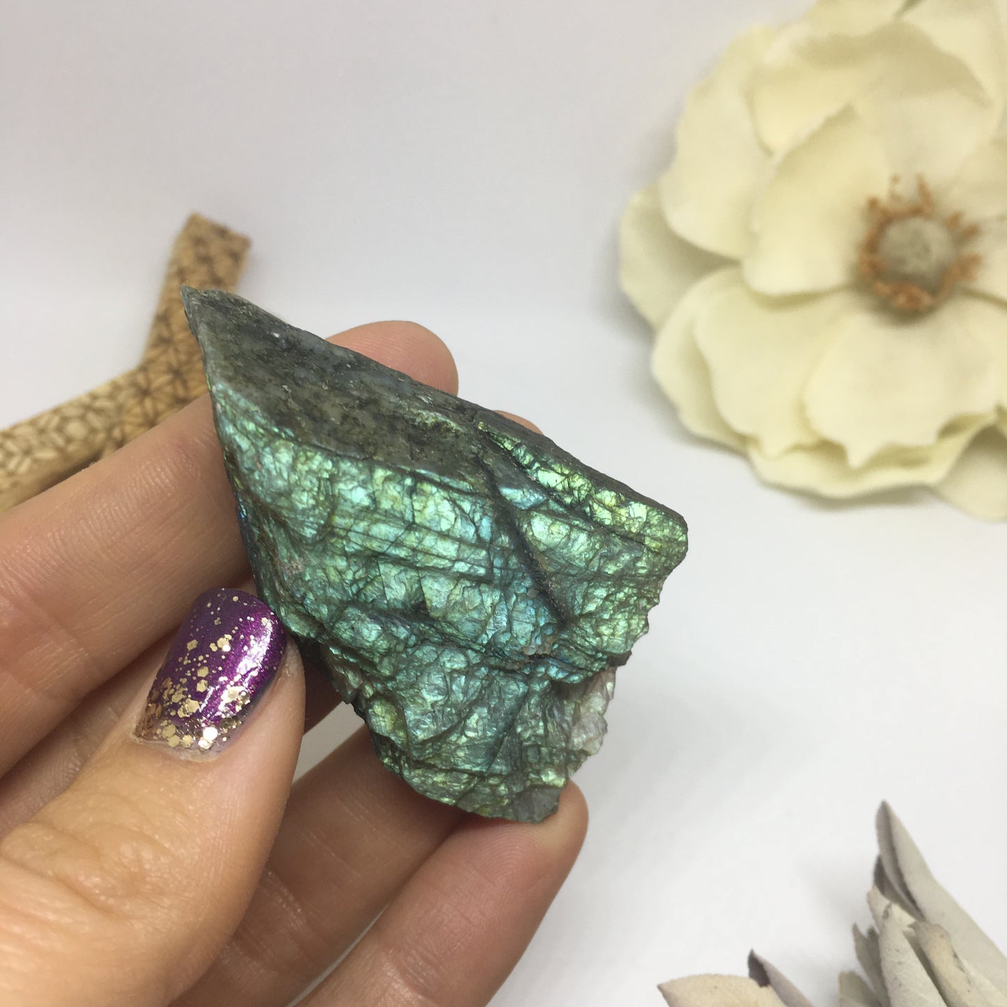 Intuitively Selected High Flash Electric Blue Half-Polished Labradorite Etched with Flower of Life Sacred Geometry 10