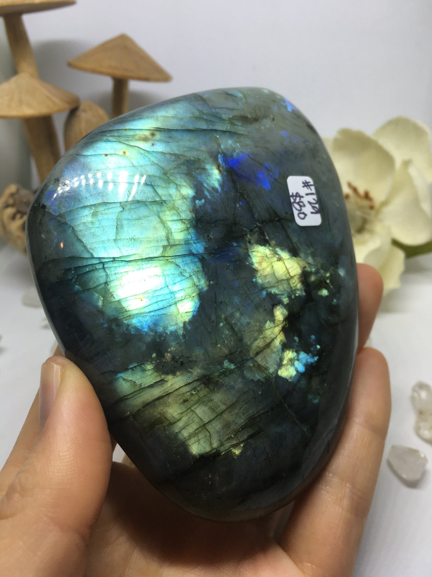 #129 Luxurious Gold and Purple Extra Large Labradorite Palmstone Etched with Flower Mandala - Fractalista Designs