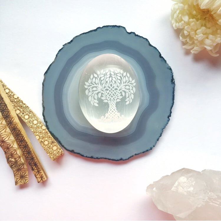 Etched Selenite Palmstone "Tree of Life” *CLEARANCE* 2ND QUALITY OR DAMAGED - FINAL SALE - Fractalista Designs