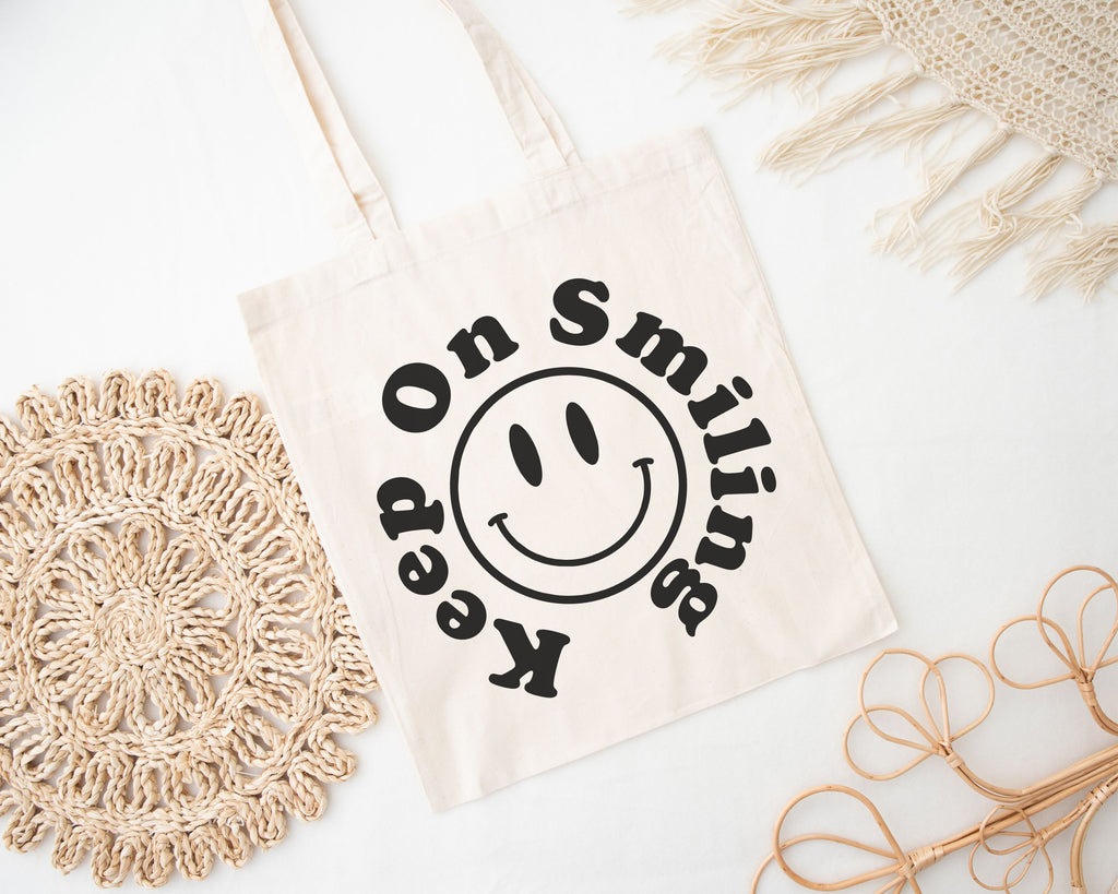 Just Smile Canvas Tote Bag cute Smiley Face Positive Quotes 