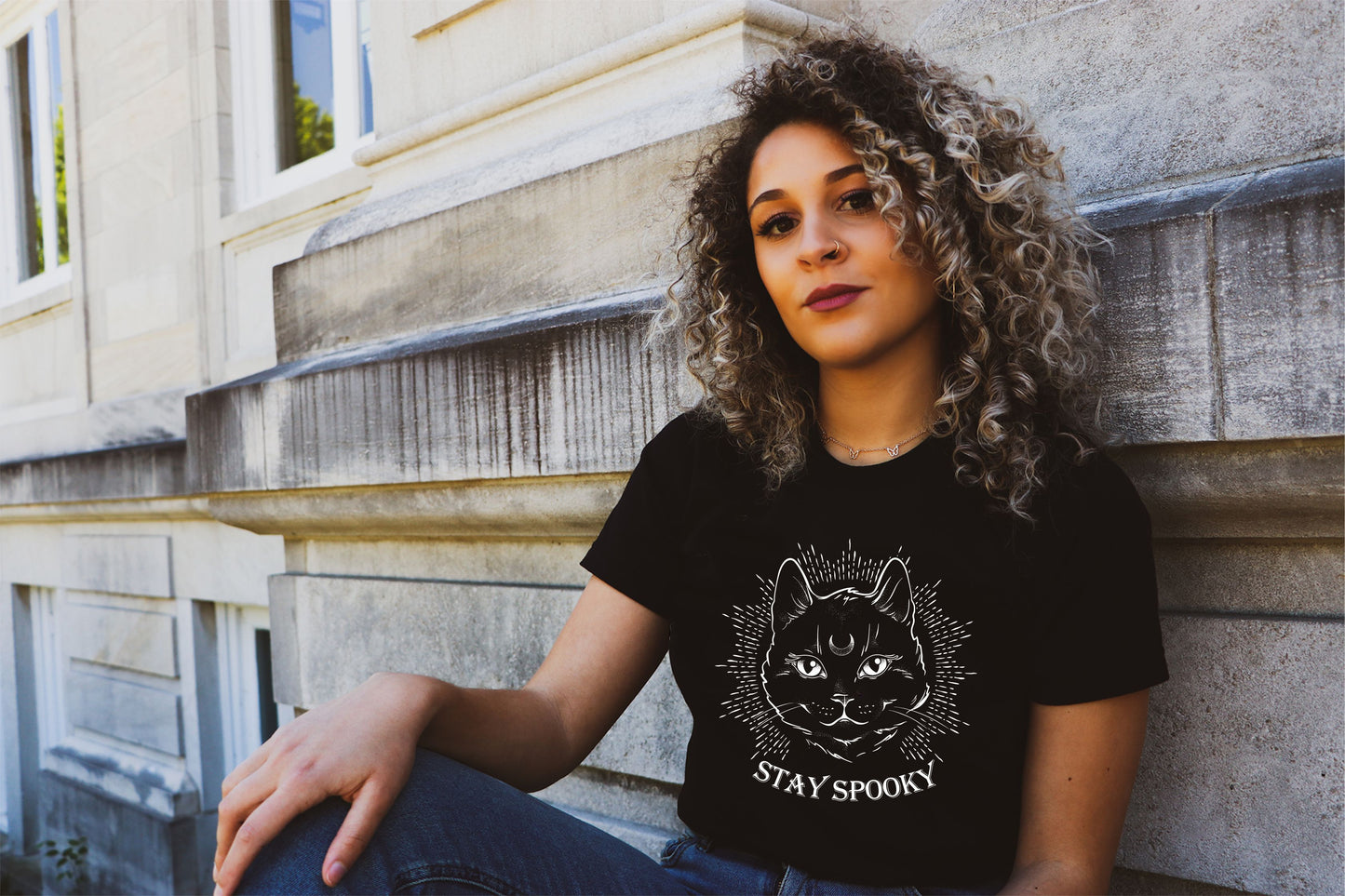 "Stay Spooky" Midnight Familiar Black Cat T-Shirt - Fractalista Designs