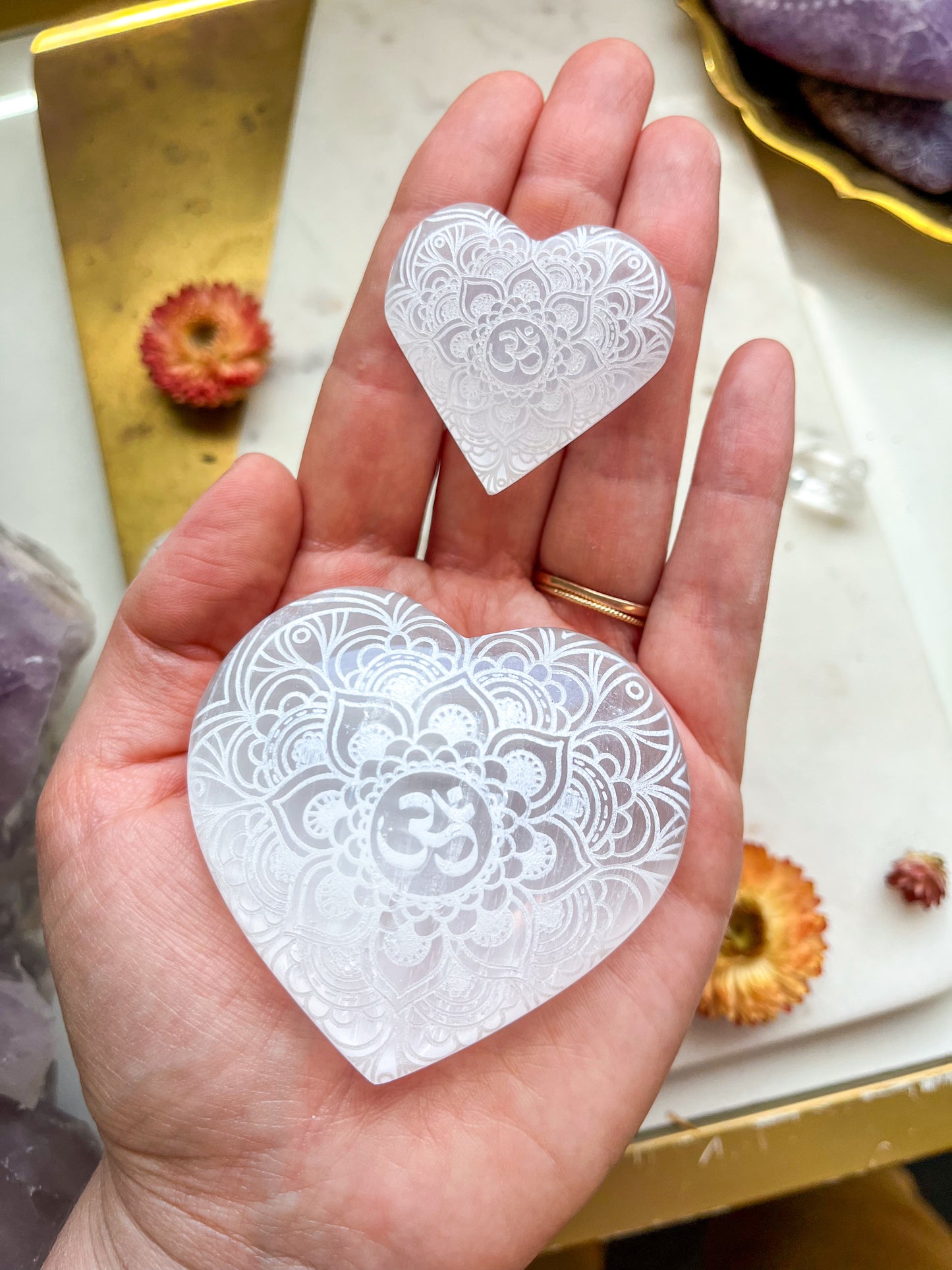 Reiki-Charged Engraved White or Peach Selenite Heart Palm Stone *Buy 3 Get 1 Free + BONUS Meditation*