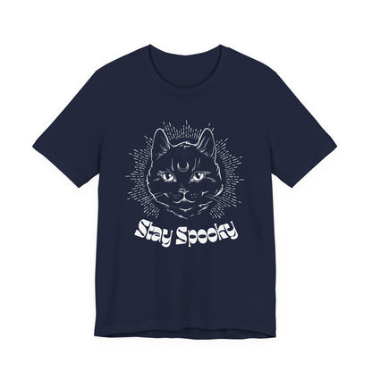 "Stay Spooky" Funky Font Midnight Familiar Black Cat Unisex Jersey Short Sleeve Tee