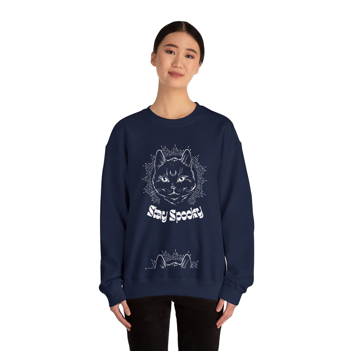 Stay Spooky Cat Sweatshirt Funky Font – Halloween Black Cat Graphic Crewneck
