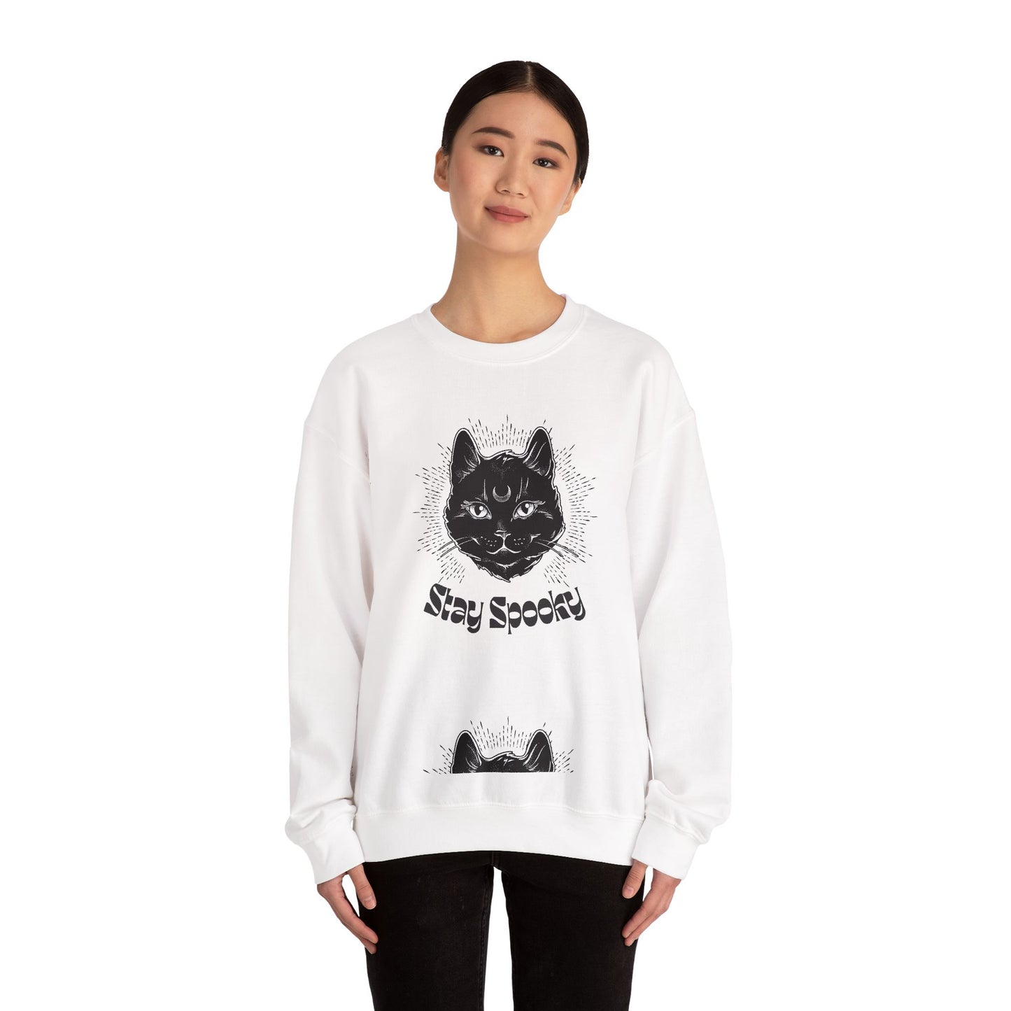 Stay Spooky Cat Sweatshirt Funky Font – Halloween Black Cat Graphic Crewneck