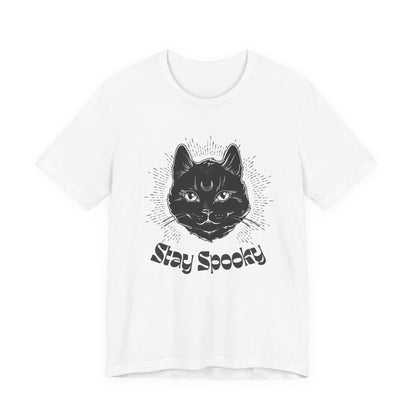 "Stay Spooky" Funky Font Midnight Familiar Black Cat Unisex Jersey Short Sleeve Tee