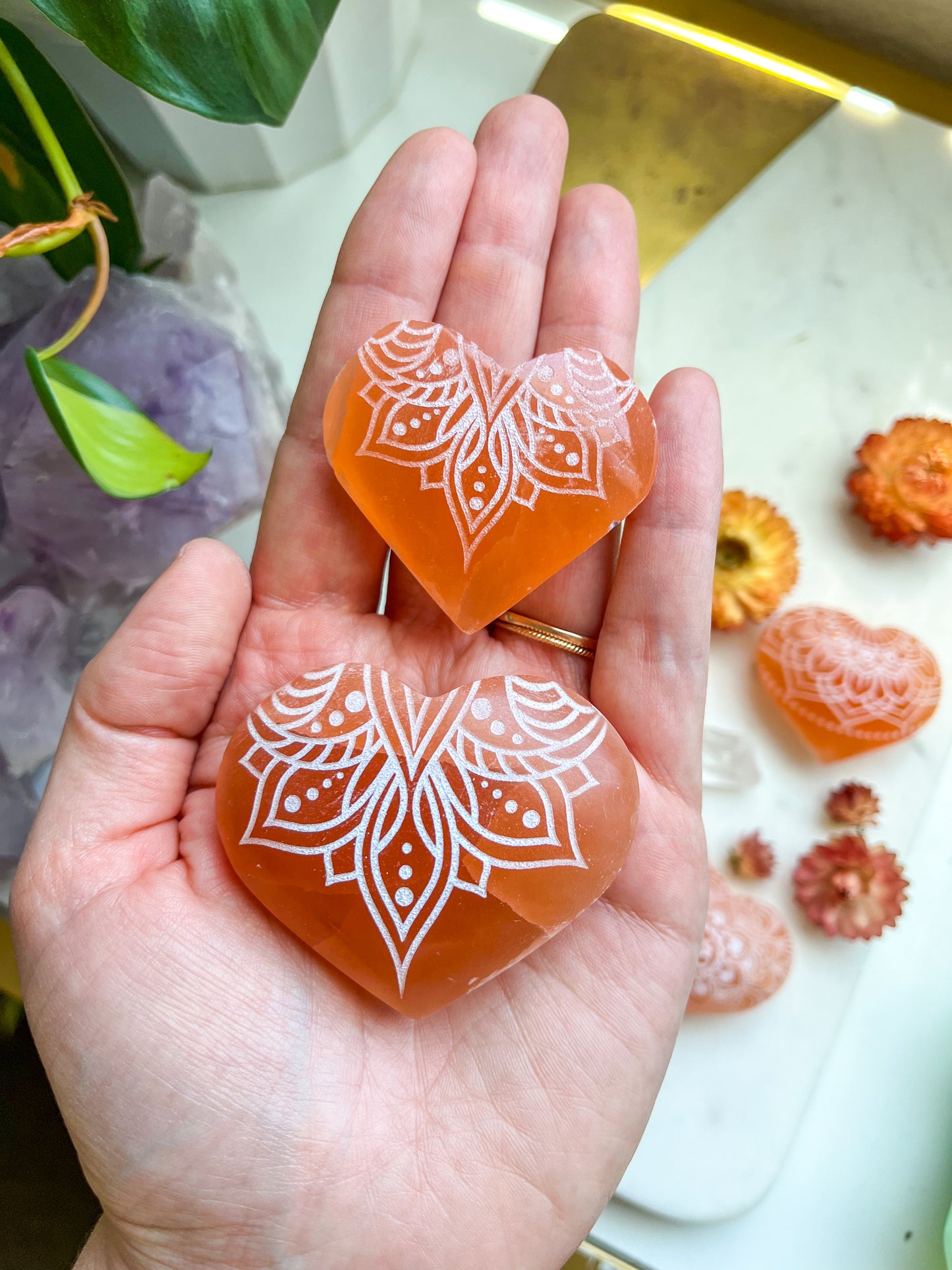 Reiki-Charged Engraved White or Peach Selenite Heart Palm Stone *Buy 3 Get 1 Free + BONUS Meditation*