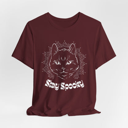 "Stay Spooky" Funky Font Midnight Familiar Black Cat Unisex Jersey Short Sleeve Tee