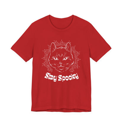 "Stay Spooky" Funky Font Midnight Familiar Black Cat Unisex Jersey Short Sleeve Tee