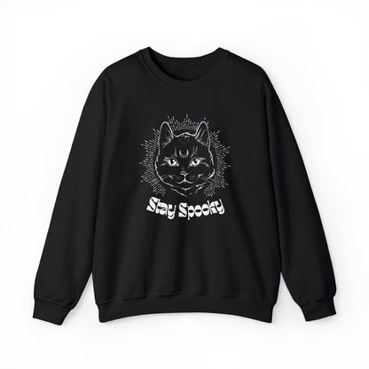 Stay Spooky Cat Sweatshirt Funky Font – Halloween Black Cat Graphic Crewneck