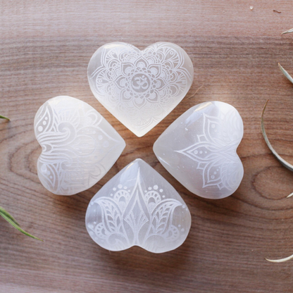 Reiki-Charged Engraved White or Peach Selenite Heart Palm Stone *Buy 3 Get 1 Free + BONUS Meditation*