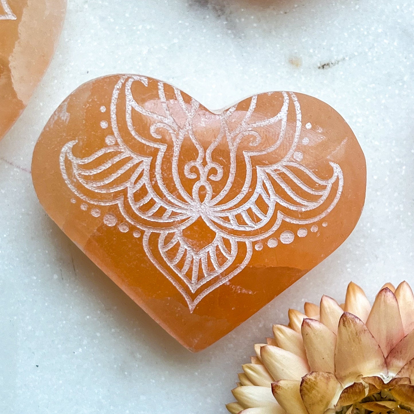 Reiki-Charged Engraved White or Peach Selenite Heart Palm Stone *Buy 3 Get 1 Free + BONUS Meditation*