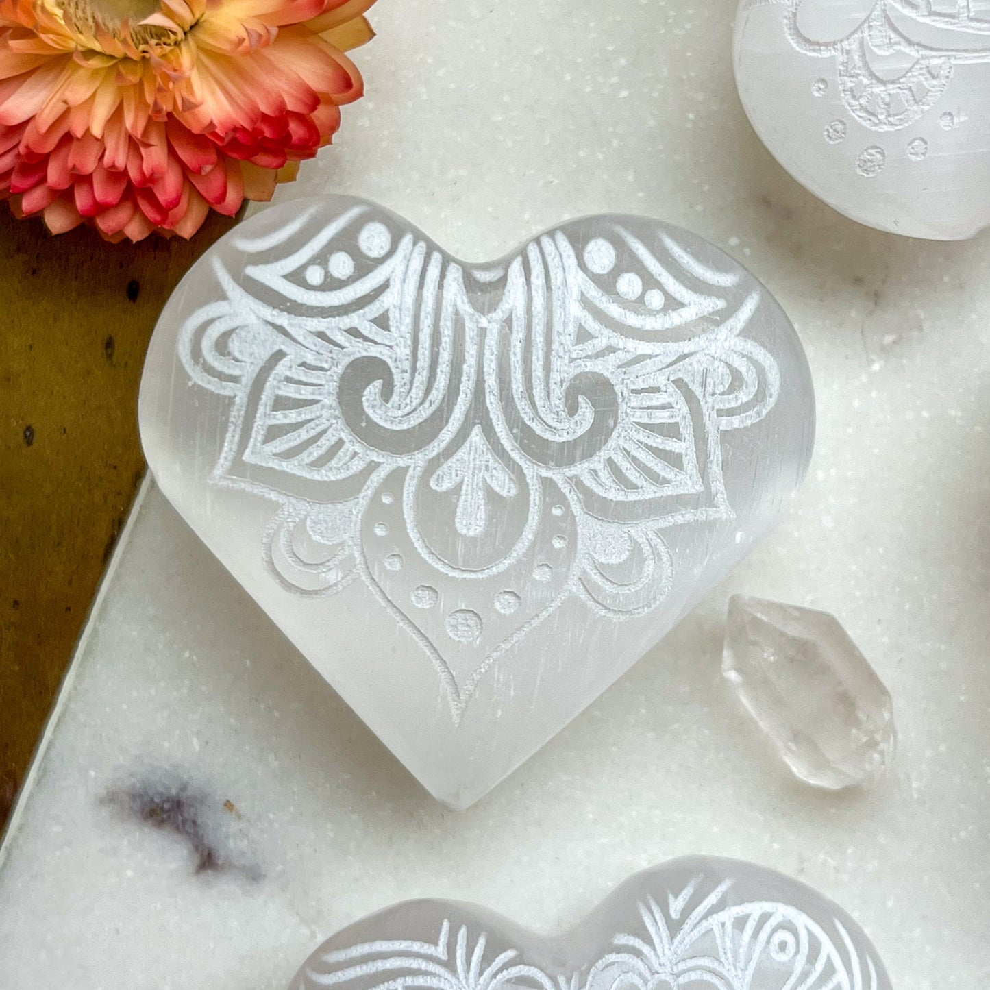 Reiki-Charged Engraved White or Peach Selenite Heart Palm Stone *Buy 3 Get 1 Free + BONUS Meditation*