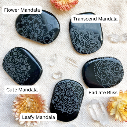 Obsidian Pocket Stone Etched with Flower of Life or Various Mandalas