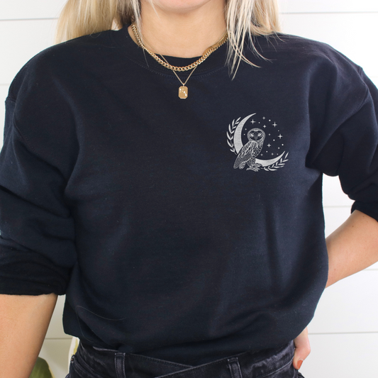 "Wise Owl" Embroidered Halloween Spooky Crewneck Sweatshirt *Free Shipping*