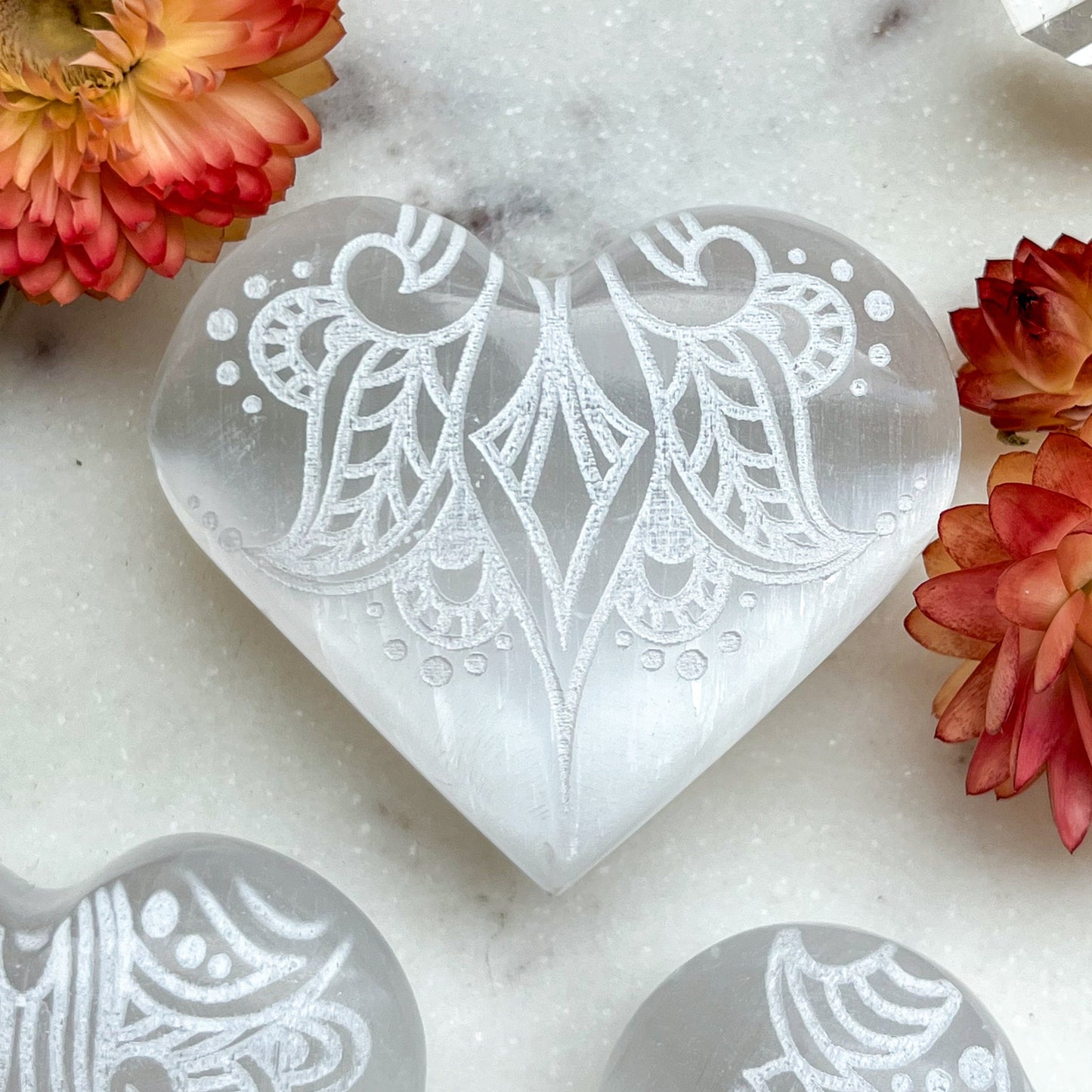 Reiki-Charged Engraved White or Peach Selenite Heart Palm Stone *Buy 3 Get 1 Free + BONUS Meditation*