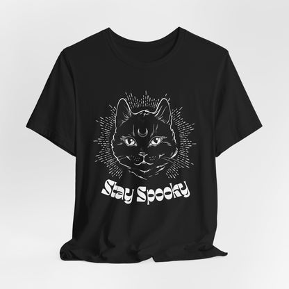 "Stay Spooky" Funky Font Midnight Familiar Black Cat Unisex Jersey Short Sleeve Tee