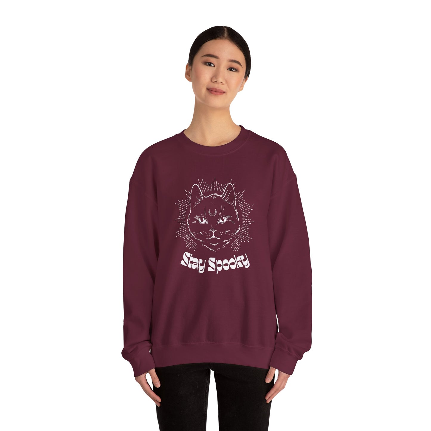 Stay Spooky Cat Sweatshirt Funky Font – Halloween Black Cat Graphic Crewneck