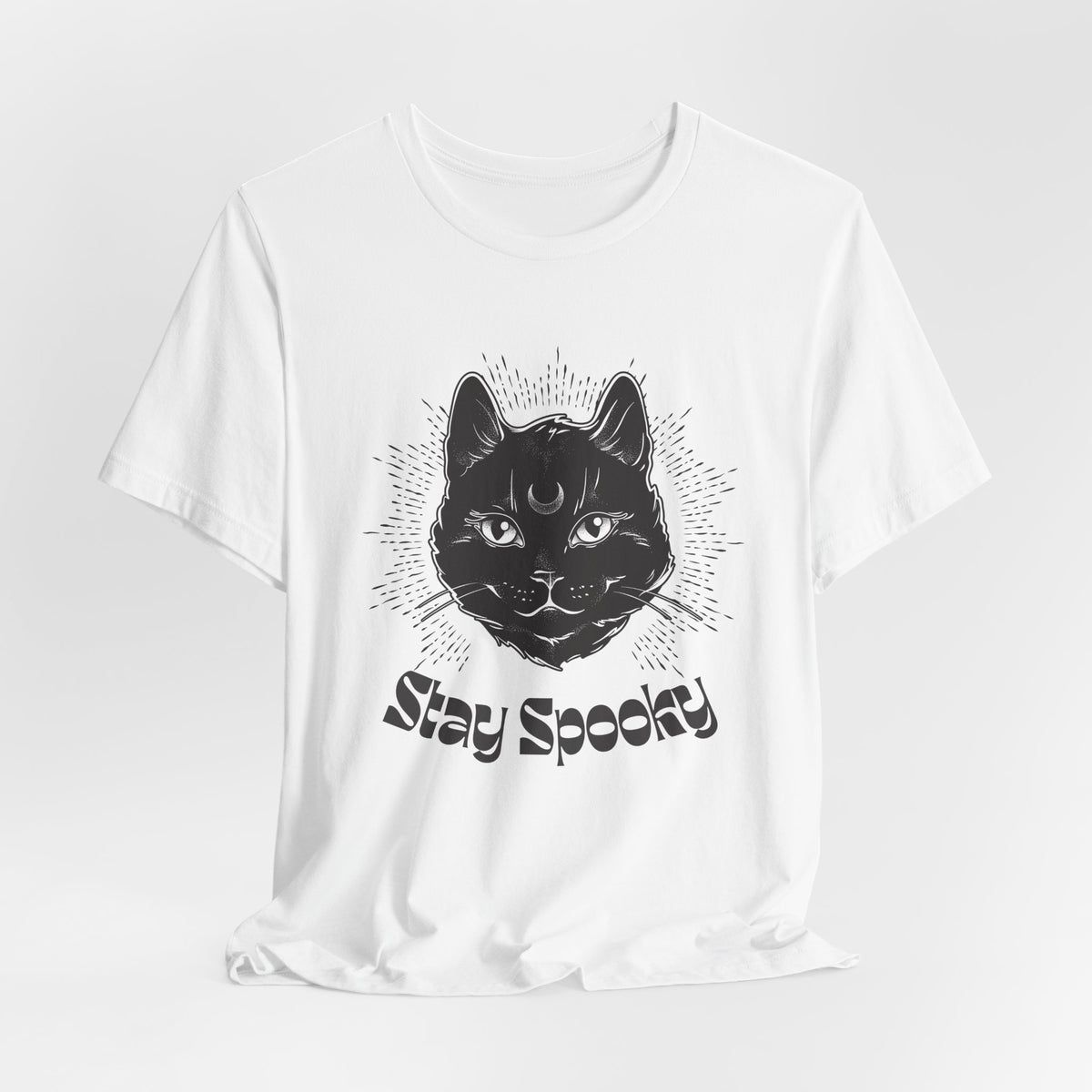 "Stay Spooky" Funky Font Midnight Familiar Black Cat Unisex Jersey Short Sleeve Tee
