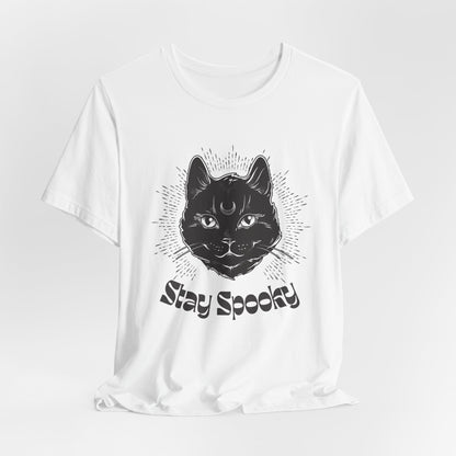 "Stay Spooky" Funky Font Midnight Familiar Black Cat Unisex Jersey Short Sleeve Tee