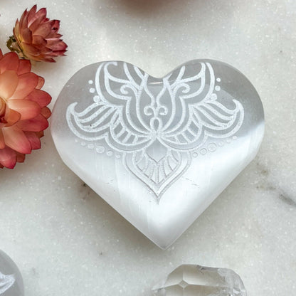 Reiki-Charged Engraved White or Peach Selenite Heart Palm Stone *Buy 3 Get 1 Free + BONUS Meditation*