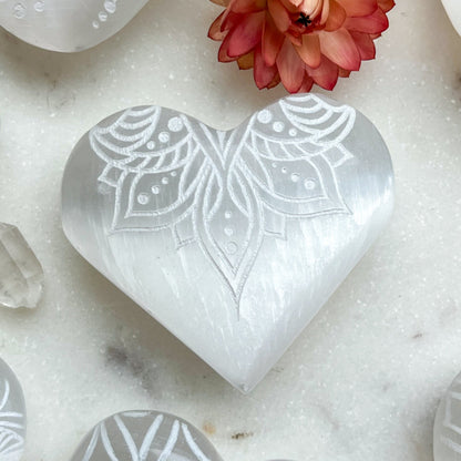 Reiki-Charged Engraved White or Peach Selenite Heart Palm Stone *Buy 3 Get 1 Free + BONUS Meditation*